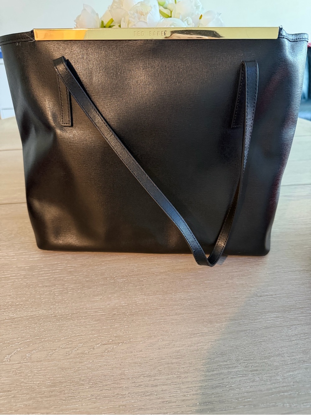 Ted Baker Black Leather Tote with Gold Bar Trim